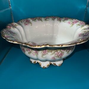 Limoges White Porcelain Bowl with Pink Floral and Gold Trim
